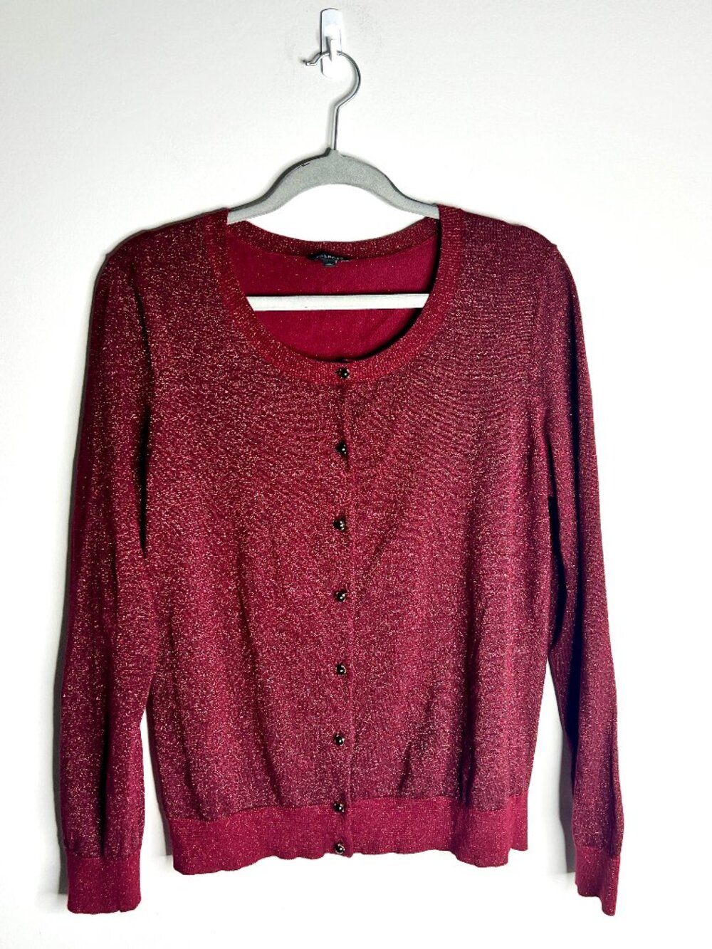 Talbots Maroon Shimmer Metallic Button-Front Crew Neck Cardigan Festive Holiday